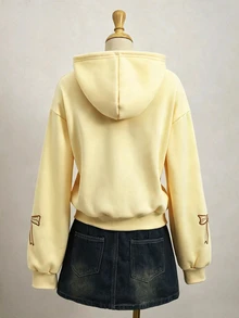 SHEIN Sparklyn 青少年女孩長袖秋冬純色蝴蝶結運動衫外套，抓絨布料，設計感棕色可愛款 - 黃色 - 查看 2