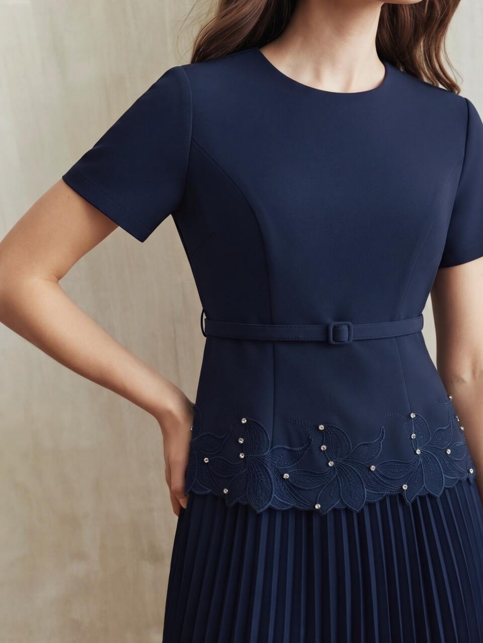 Anewsta Women's Navy Blue Vintage Mature Elegant Floral Embroidered Rhinestone Round Neck Short Sleeve Cinched Waist Pleated Skirt Dress Wedding Dinner Summer