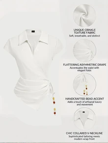 SHEIN MOD 女款甜美紋理百褶不對稱下擺繫帶前襟襯衫 - 白色 - 查看 7