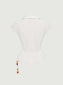 SHEIN MOD 女款甜美紋理百褶不對稱下擺繫帶前襟襯衫 - 白色 - 查看 4