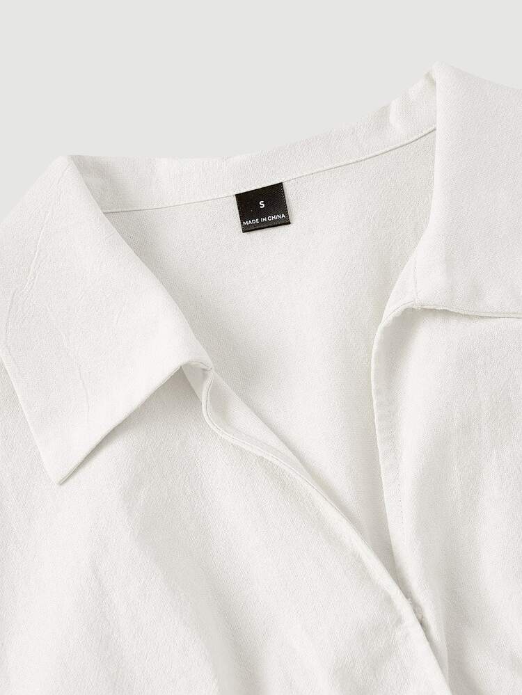 SHEIN MOD 女款甜美紋理百褶不對稱下擺繫帶前襟襯衫 - 白色 - 查看 5