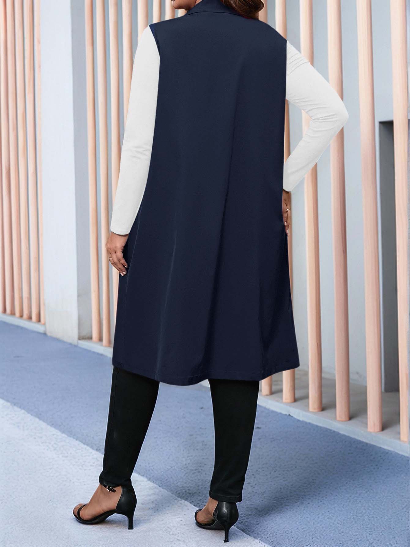 Plus Size Women's Navy Notch Lapel Belted Waist Slant Pocket Sleeveless Vest Coat Fall 2026