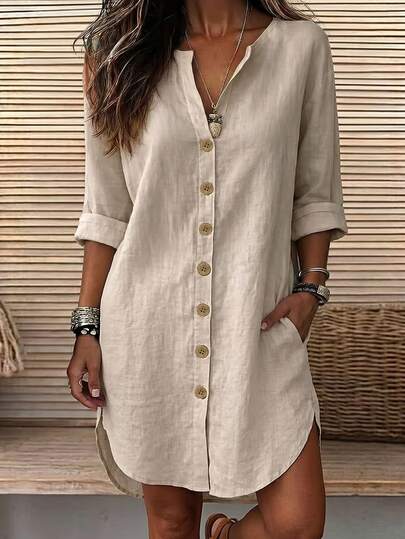 Balvessa Casual Vacation Daily Wear Loose Fit Shirt Dress With Pockets, Can Be Worn As Shacket, Home, Country, Old Money Style For Women