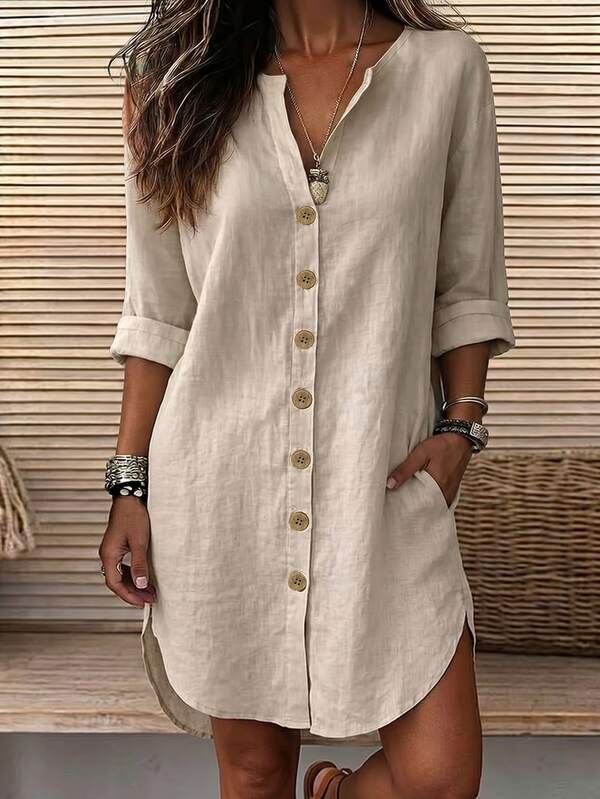 Balvessa Casual Vacation Daily Wear Loose Fit Shirt Dress With Pockets, Can Be Worn As Shacket, Home, Country, Old Money Style For Women