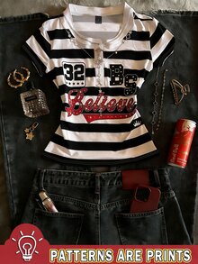 SHEIN Women's Letter Striped Button Half Placket Short Sleeve Casual T-Shirt - Multicolor - View 1