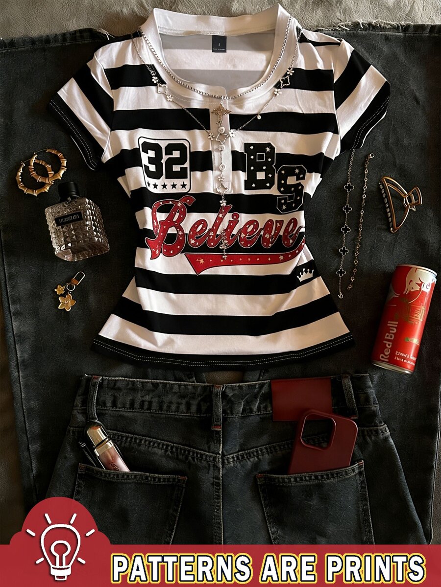SHEIN Women's Letter Striped Button Half Placket Short Sleeve Casual T-Shirt - Multicolor - View 1