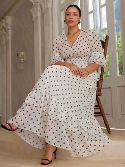 VOLUPTÉ CURVE Plus Size Women's Spring/Summer White 2-Piece Set Polka Dot Chiffon V-Neck Top & Ruffle Maxi Skirt, Elegant Casual Vacation Daily Wedding Guest Outfit