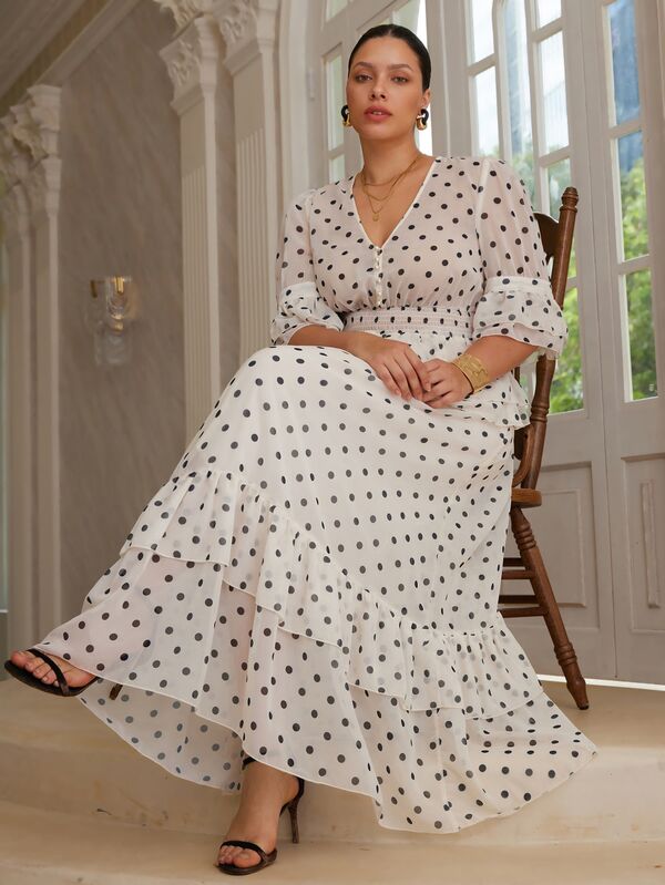 VOLUPTÉ CURVE Plus Size Women's Spring/Summer White 2-Piece Set Polka Dot Chiffon V-Neck Top & Ruffle Maxi Skirt, Elegant Casual Vacation Daily Wedding Guest Outfit