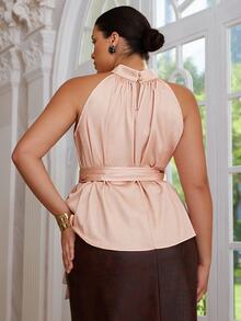 VOLUPTÉ CURVE Plus Size Women's Spring/Summer Pink Top Satin High Neck Sleeveless Bow Belt, Elegant Business Romantic Date Birthday Party Wedding Guest Outfit - Pink - View 3