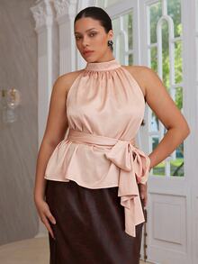 VOLUPTÉ CURVE Plus Size Women's Spring/Summer Pink Top Satin High Neck Sleeveless Bow Belt, Elegant Business Romantic Date Birthday Party Wedding Guest Outfit - Pink - View 4