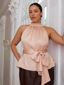 VOLUPTÉ CURVE Plus Size Women's Spring/Summer Pink Top Satin High Neck Sleeveless Bow Belt, Elegant Business Romantic Date Birthday Party Wedding Guest Outfit - Pink - View 5