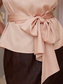 VOLUPTÉ CURVE Plus Size Women's Spring/Summer Pink Top Satin High Neck Sleeveless Bow Belt, Elegant Business Romantic Date Birthday Party Wedding Guest Outfit - Pink - View 7