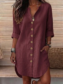 SHEIN LUNE Casual Vacation Daily Wear Loose Fit Shirt Dress With Pockets, Can Be Worn As Shacket, Home, Country, Old Money Style For Women - Burgundy - View 1