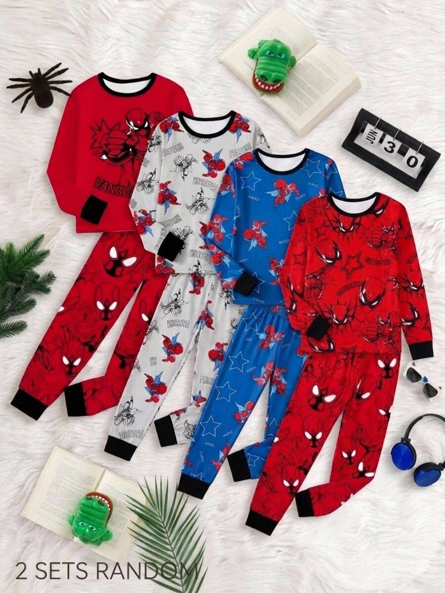 SHEIN 4pcs Kids Tween Boy Casual Daily Versatile Comfortable Print Pattern Crew Neck Loose Long Sleeve Pajama Pants Knit Slim Fit Loungewear Set - Multicolor - View 1