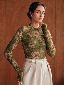 Anewsta Women's Elegant Printed High Elasticity Base Layer Top - Green - View 3