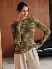 Anewsta Women's Elegant Printed High Elasticity Base Layer Top - Green - View 4
