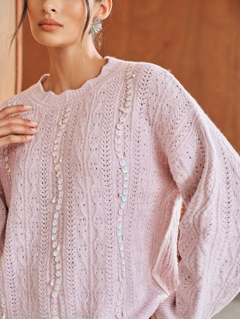 Early Autumn Elegant Knit Pullover With Colorful Shell And Water Drop Pearl Embellishments, Autumn, Autumn Season, Winter, Going Out, Elegant, Leisure, Formal, Party