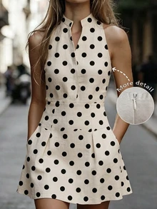 Elafinee Elegant Fashionable Polka Dot Short Dress For Commuting - Khaki - View 4