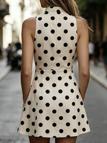 Elafinee Elegant Fashionable Polka Dot Short Dress For Commuting - Khaki - View 2