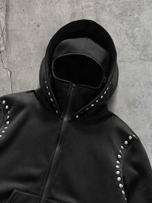 AXEPEAK 男士秋冬時尚金屬裝飾連帽衛衣 - 黑色 - 查看 3
