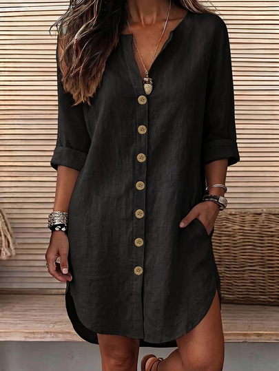 Balvessa Casual Vacation Daily Wear Loose Fit Shirt Dress With Pockets, Can Be Worn As Shacket, Home, Country, Old Money Style For Women
