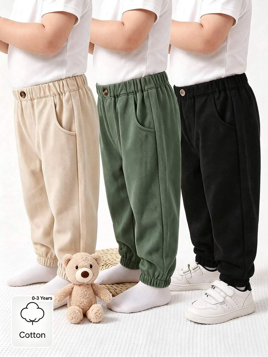 Souflis 3pcs/Set Toddler Infant Baby Boys Back-To-School Casual Pocket Elastic Waist Pants Button Decor