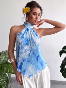Aloruh Women's Floral Print Pleated Casual Versatile Daily Wear Halter Neck Top - Baby Blue - View 4