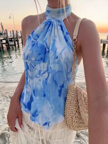 Aloruh Women's Floral Print Pleated Casual Versatile Daily Wear Halter Neck Top - Baby Blue - View 1