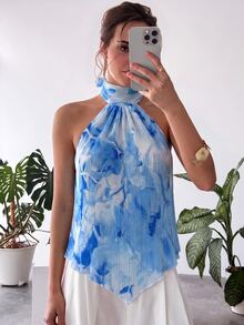 Aloruh Women's Floral Print Pleated Casual Versatile Daily Wear Halter Neck Top - Baby Blue - View 5