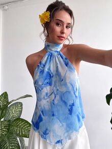 Aloruh Women's Floral Print Pleated Casual Versatile Daily Wear Halter Neck Top - Baby Blue - View 8