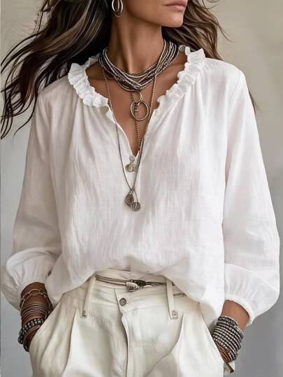 SHEIN French Minimalist Fashion Woven Solid White Shirt V-Neck Ruffle Collar Long Sleeve Women's Blouse, Elegant Women's Shirt, Summer Women's Shirt, Summer Outfit, Beach Outfit, Beach Shirt, Going Out Top, Women's Vacation Outfit, Vacation Shirt, Women's Casual Shirt, Country Style Shirt, Spring New Women's Shirt