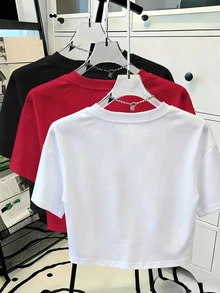 INAWLY Women Plain Round Neck Short Sleeve Cropped T-Shirt For Summer - Multicolor - View 2