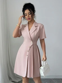 Elenzga Women's Pink Elegant V-Neck Belted Unique Design Pleated Short Dress - Pink - View 5