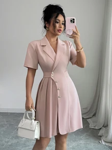 Elenzga Women's Pink Elegant V-Neck Belted Unique Design Pleated Short Dress - Pink - View 6