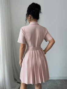 Elenzga Women's Pink Elegant V-Neck Belted Unique Design Pleated Short Dress - Pink - View 2