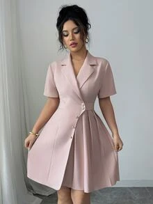 Elenzga Women's Pink Elegant V-Neck Belted Unique Design Pleated Short Dress - Pink - View 4