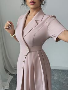 Elenzga Women's Pink Elegant V-Neck Belted Unique Design Pleated Short Dress - Pink - View 3
