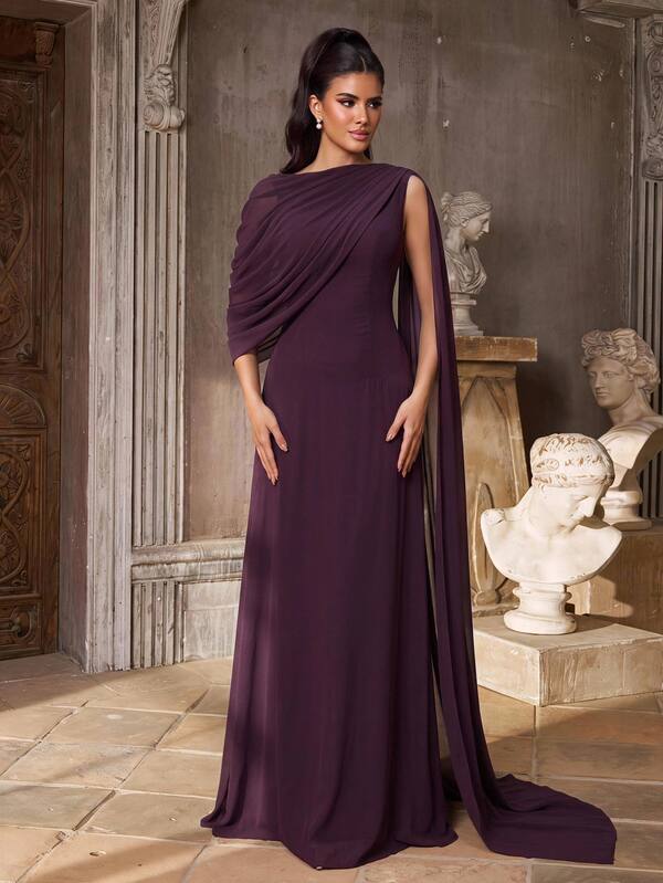 Aureia Elegant Romantic Fashionable Dignified Blue Chiffon Fabric Asymmetrical Neck Pleated Decoration Side Drape Extra Large Skirt Elegant Party Dress Wedding Guest Dress Bachelorette Party Dress Formal Evening Gown Bridesmaid Dress