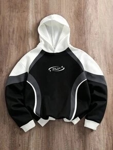 Daypath Sudadera casual diaria con capucha, bloques de color y estampado de letras para hombre - Negro - Ver 1