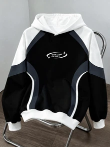 Daypath Sudadera casual diaria con capucha, bloques de color y estampado de letras para hombre - Negro - Ver 5