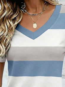 EMERY ROSE Women's V-Neck T-Shirt, Minimalist Striped Print Pattern, Summer Colors, Summer Outing Top, Pattern Design, Premium Feel, Casual Versatile, Daily Wear, Outdoor, Shopping, Travel Outdoor Wear - Multicolor - View 3