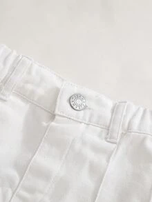 SHEIN Girls' Casual Cute Denim Pleated Skirt,Back-To-School Summer Washed White Lightweight A-Line Shorts,Soft Cotton Fabric,Elastic Waist,Snap Button Decor - White - View 6