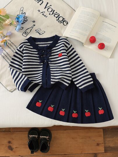 Baby Girl Hand-Knitted Cardigan Set With Bow, Blue And White Striped Sweet Style, Cute Apple Embroidery, Soft And Comfortable Fabric, Suitable For Indoor And Outdoor Wear, Home Leisure And Outing