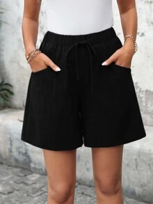 Rosumi Plus Size Women's Summer Solid Color Pocket Black Shorts, Spring Vacation, Casual Traditional Boho Holiday Bermuda, Loose Bottoms Formal Office - Black - View 8