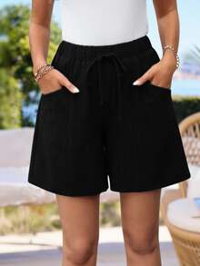 Rosumi Plus Size Women's Summer Solid Color Pocket Black Shorts, Spring Vacation, Casual Traditional Boho Holiday Bermuda, Loose Bottoms Formal Office - Black - View 10
