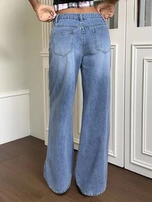 Rivivi Slant Pocket Washed Wide Leg Jeans - Blue - View 2