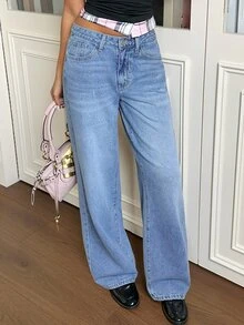 Rivivi Slant Pocket Washed Wide Leg Jeans - Blue - View 4