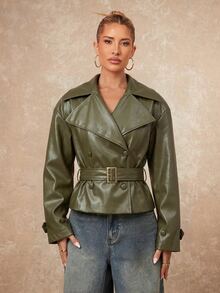 Lumalex Autumn Women's Faux Leather Exaggerated Padded Shoulder Oversized Casual Lapel Long Sleeve Cinched Waist Trench Coat Night Out Olive Green - Green - View 1
