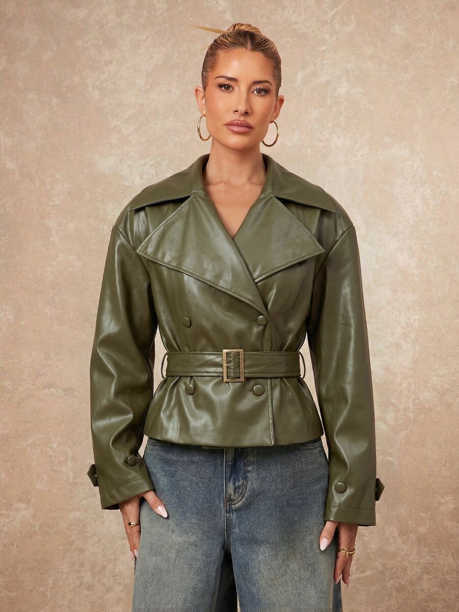 Lumalex Autumn Women's Faux Leather Exaggerated Padded Shoulder Oversized Casual Lapel Long Sleeve Cinched Waist Trench Coat Night Out Olive Green - Green - View 1
