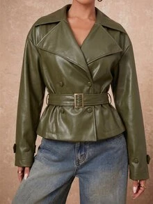 Lumalex Autumn Women's Faux Leather Exaggerated Padded Shoulder Oversized Casual Lapel Long Sleeve Cinched Waist Trench Coat Night Out Olive Green - Green - View 6